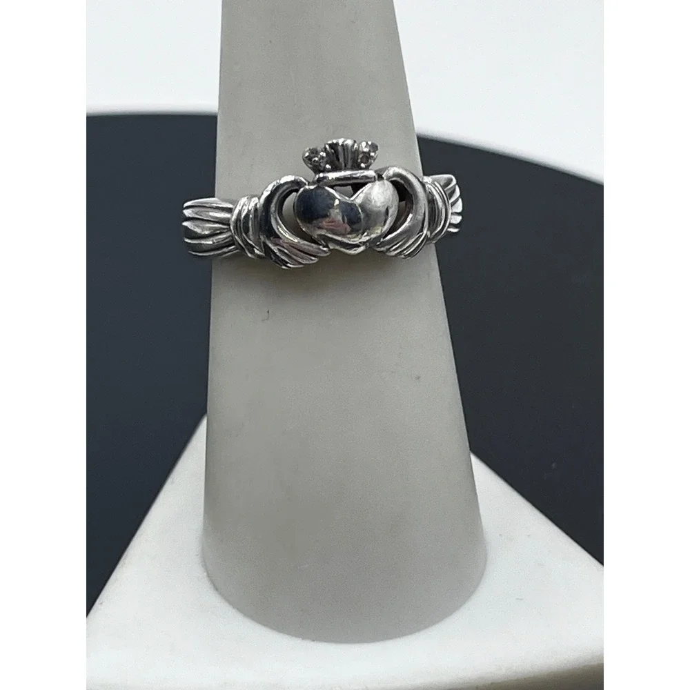 LJ Lucent Jewel Vintage Sterling Silver Irish Claddagh Ring Diamond Accents 7.25